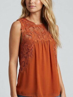 Chelsea28 Rust Color Sleeveless Crochet Yoke Babydoll Blouse XS 39953